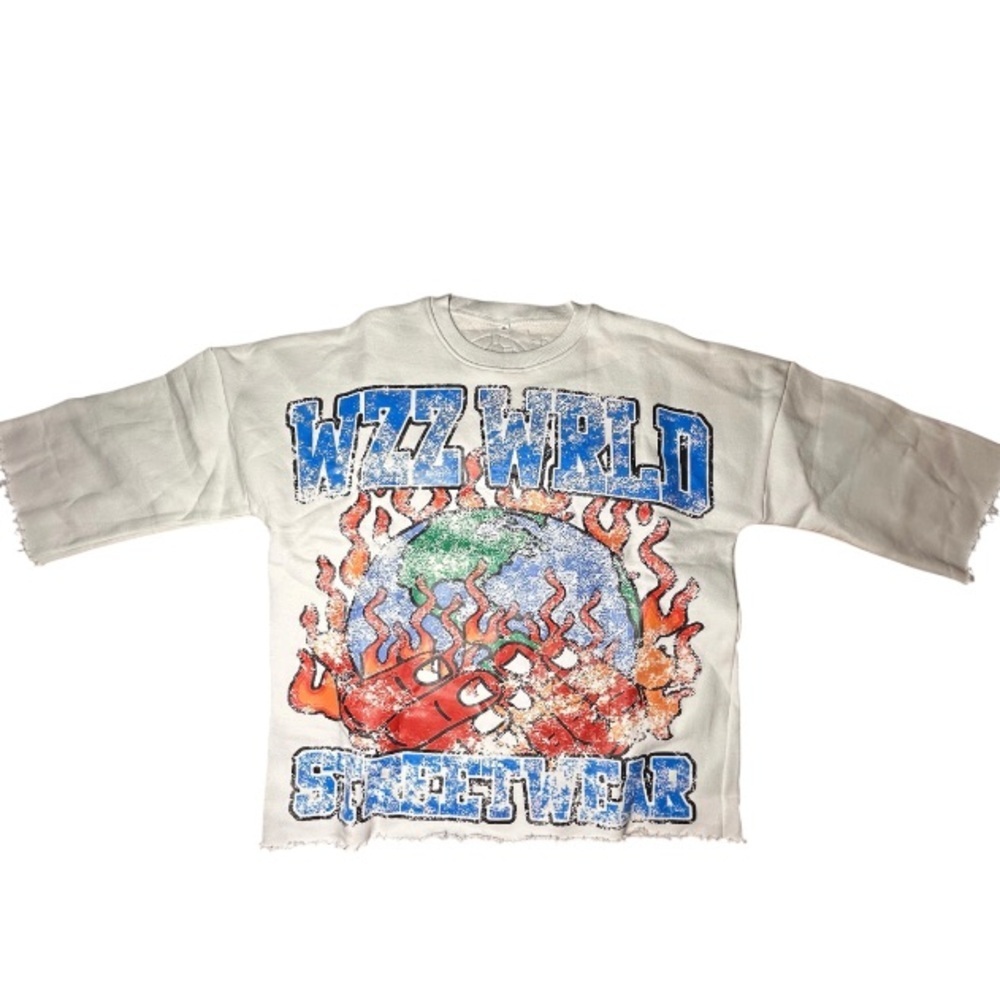 Wzz Wrld Handmade‎ Streetwear Graphic Oversized Mid Sleeve White Sweatshirt Sz S